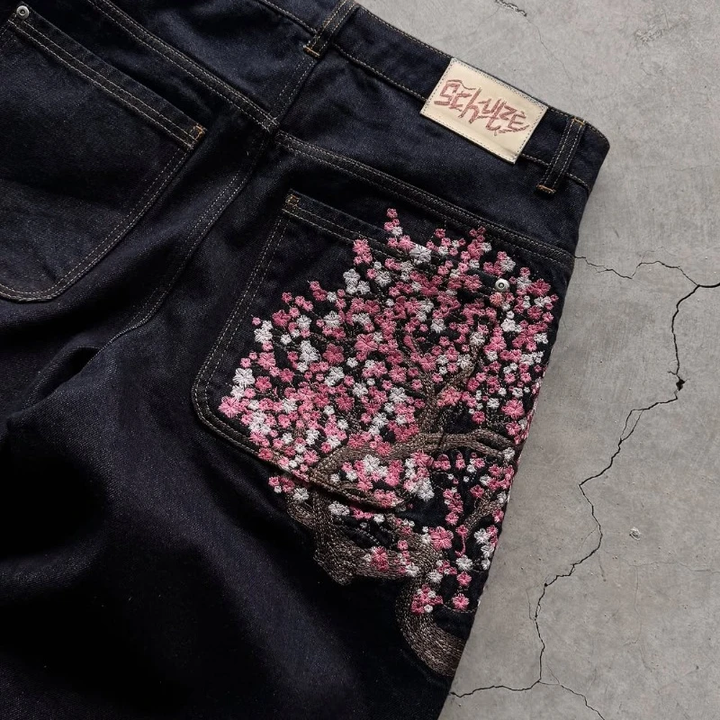 Y2K Harajuku jeans Goth vintage plum blossom embroidery pattern wide leg pants men women denim fabric American style street wear - Image 3