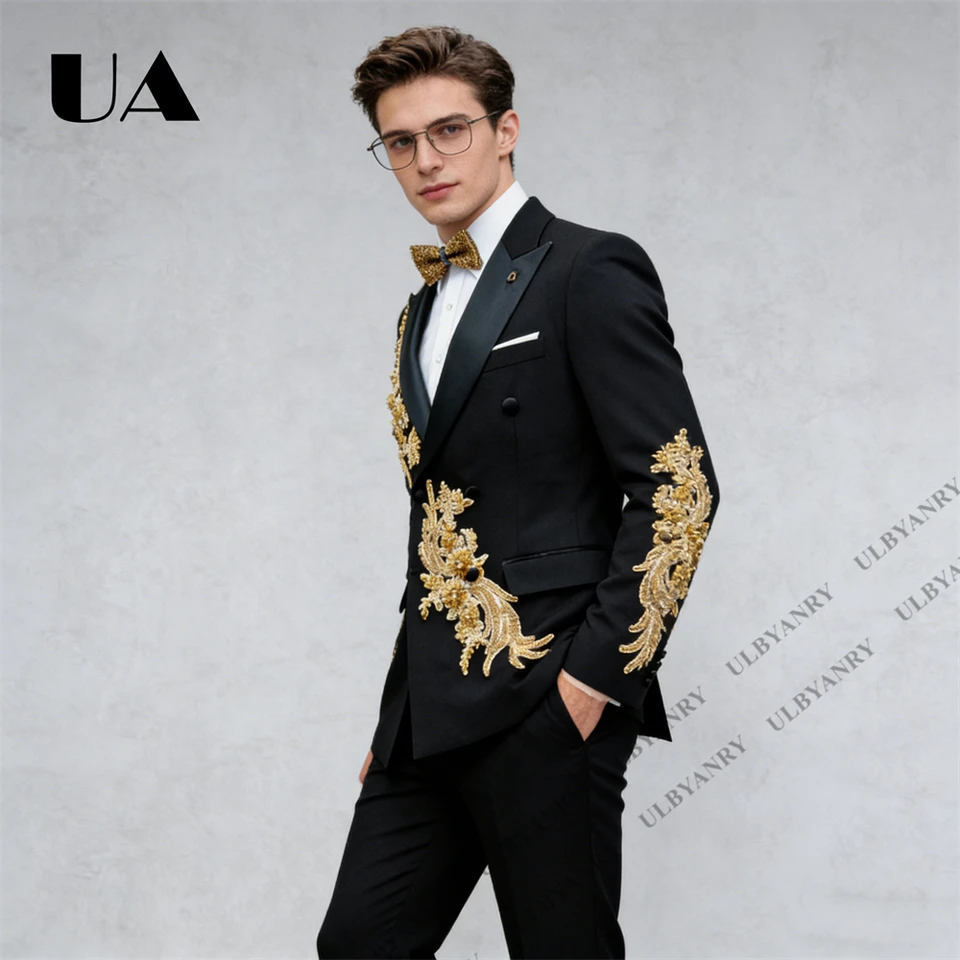 Mens Luxury Formal Suit Jacket & Pants, Gold Appliques Single-Breasted Suit Blazer with Black Trousers Events Prom Suit Attire - Image 2
