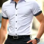 Spring Summer New Men Clothes Short Sleeve Spell Color Shirt 95% Polyester 5%Spandex
