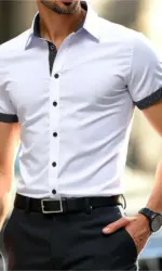 Spring Summer New Men Clothes Short Sleeve Spell Color Shirt 95% Polyester 5%Spandex