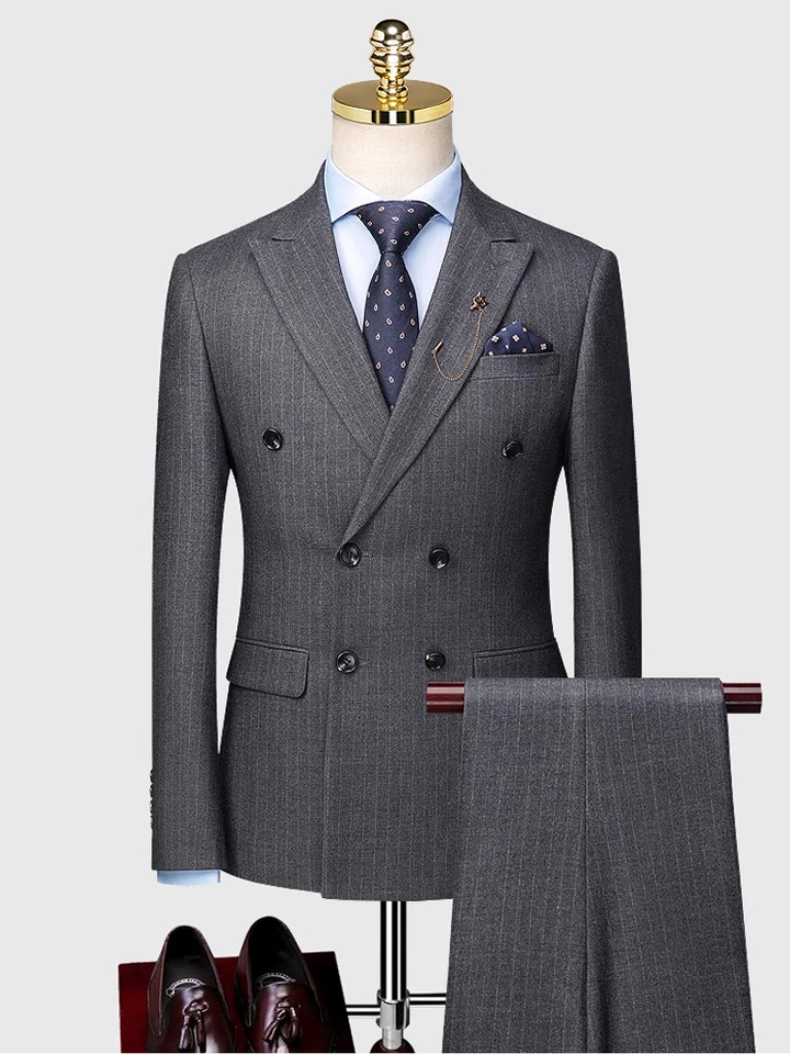 S-7XL ( Blazer + Pants ) Brand Striped Plaid Mens Formal Business Double-breasted and Single-button 2ps Set Groom Wedding Dress