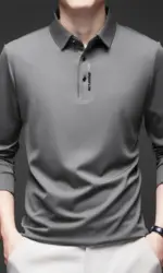 New Men's Business Casual Long Sleeved Shirt with Badge Solid Color Polo Shirt Fashionable Breathable Comfortable Versatile Top