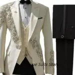 Luxury Rhinestones Men Suits Slim Fit Customized Groom Best Man Wedding Party Tuxedos 3 Pieces Sets Male Blazers Traies Dehombre