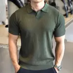 Men's Knitted Business Polo Shirt Summer Ice Silk Breathable Elastic Slim Fit Solid Color Lapel Short Sleeve Knitted T-Shirt Top