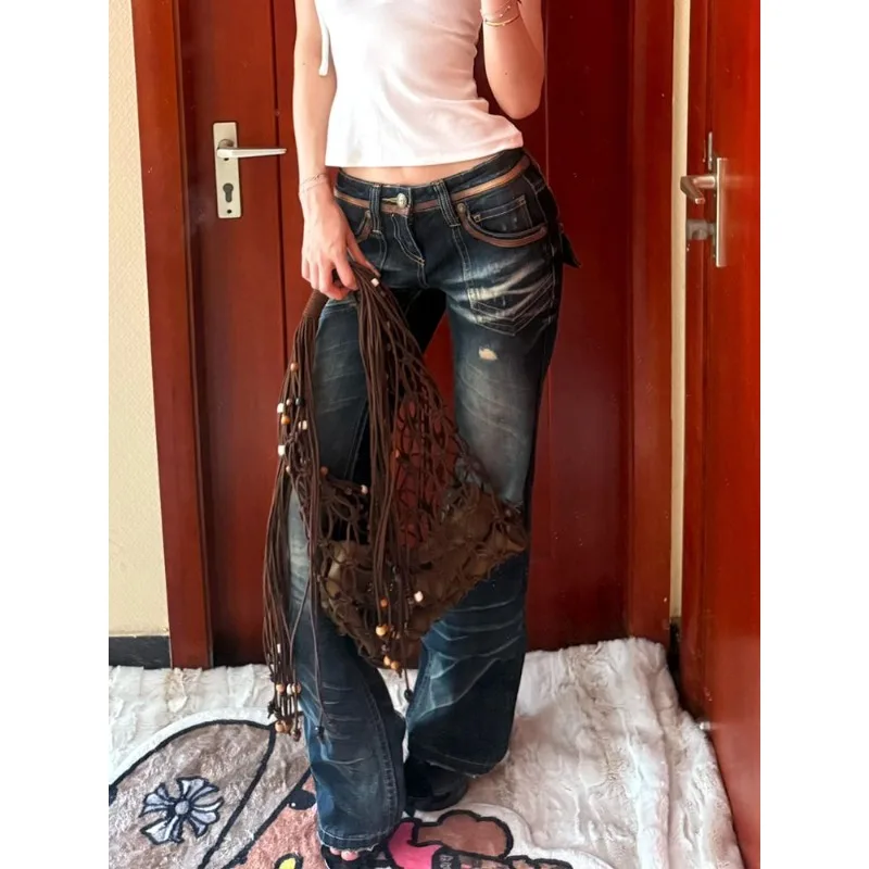 American Vintage Low Waist Heavy Work Waed Women's Jeans Summer Street Y2K Spicy Scratch Micro Flared Pants Blue Long Trousers - Image 3