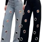 Vintage Holes Jeans Pants Sexy Women High Waist Elegant Night Club Denim Straight Trousers