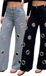 Vintage Holes Jeans Pants Sexy Women High Waist Elegant Night Club Denim Straight Trousers