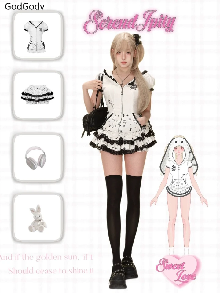 Summer Sweet Preppy Style 2 Piece Sets Women Y2k Kawaii Lolita Design Tops + High Waist Chic Skirt Female Princess Retro Outfits - Image 5