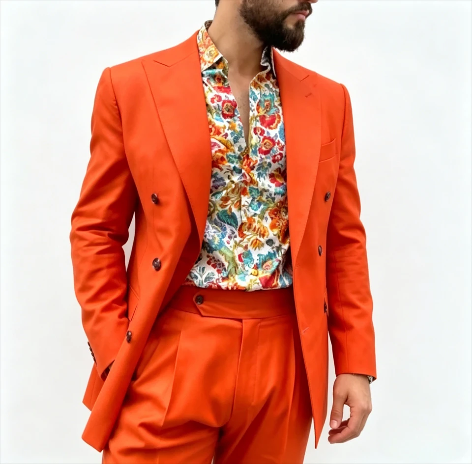 Orange Red Fashion Business Men Suit Groom Groomsman Wedding Party Prom Formal Occasion Tuxedos Male 2 Piece Set Blazer Pants - Image 4