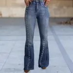 2026 Denim Flare Pants Women Jeans Boot Cut Streetwear Rivet Pockets Button High Waist Stretch Distressed Washed Skinny Trousers