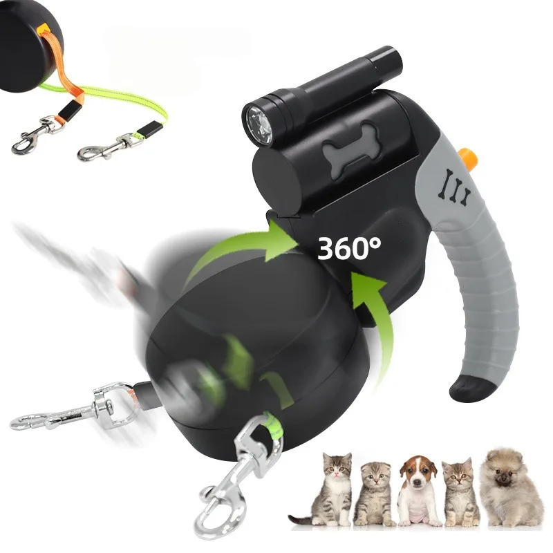 Auto Retractable Double-Headed Dog Leash 3M Rope for 2 Dogs with LED Flashlight 360 Degree Dual Traction Rope Pet Supplies - Image 2