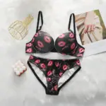 Women's sexy lip pattern lingerie set with steel rims gathered push ups breathable shoulder straps adjustable bra set A2147