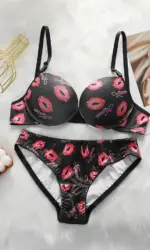 Women's sexy lip pattern lingerie set with steel rims gathered push ups breathable shoulder straps adjustable bra set A2147