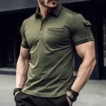 New men's casual fitted short-sleeved POLO shirt, with stylish collar and pocket, a plain-colored outdoor fitness sport POLO shi