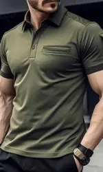 New men's casual fitted short-sleeved POLO shirt, with stylish collar and pocket, a plain-colored outdoor fitness sport POLO shi