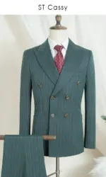 ST cassy Two-piece dress green Fashion Stripe Double Breasted Wedding Groom costume leisure office Business men suits
