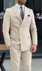 New Beige Men Suits Double Breasted Peaked Lapel Casual Wedding Party Clothing Daily 2 Piece Groom Tuxedo Jacket Pants Set 2026