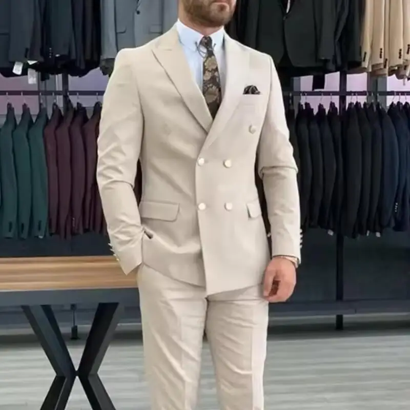 New Beige Men Suits Double Breasted Peaked Lapel Casual Wedding Party Clothing Daily 2 Piece Groom Tuxedo Jacket Pants Set 2026