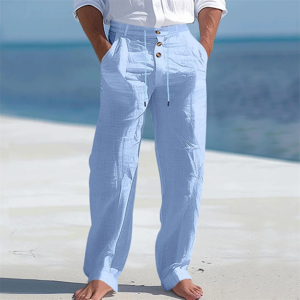 Men's Autumn Spring Cotton Pants Casual Breathable Cozy Trousers Button Drawstring Design Beach Style Vacation Long Pants - Image 4