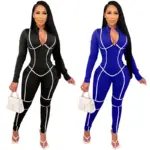 Autumn Sexy Party Striped Long Sleeve Zipper Jumpsuit Women Active Bodycon Moto Biker Sportwear Romper One Piece Overalls