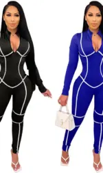 Autumn Sexy Party Striped Long Sleeve Zipper Jumpsuit Women Active Bodycon Moto Biker Sportwear Romper One Piece Overalls