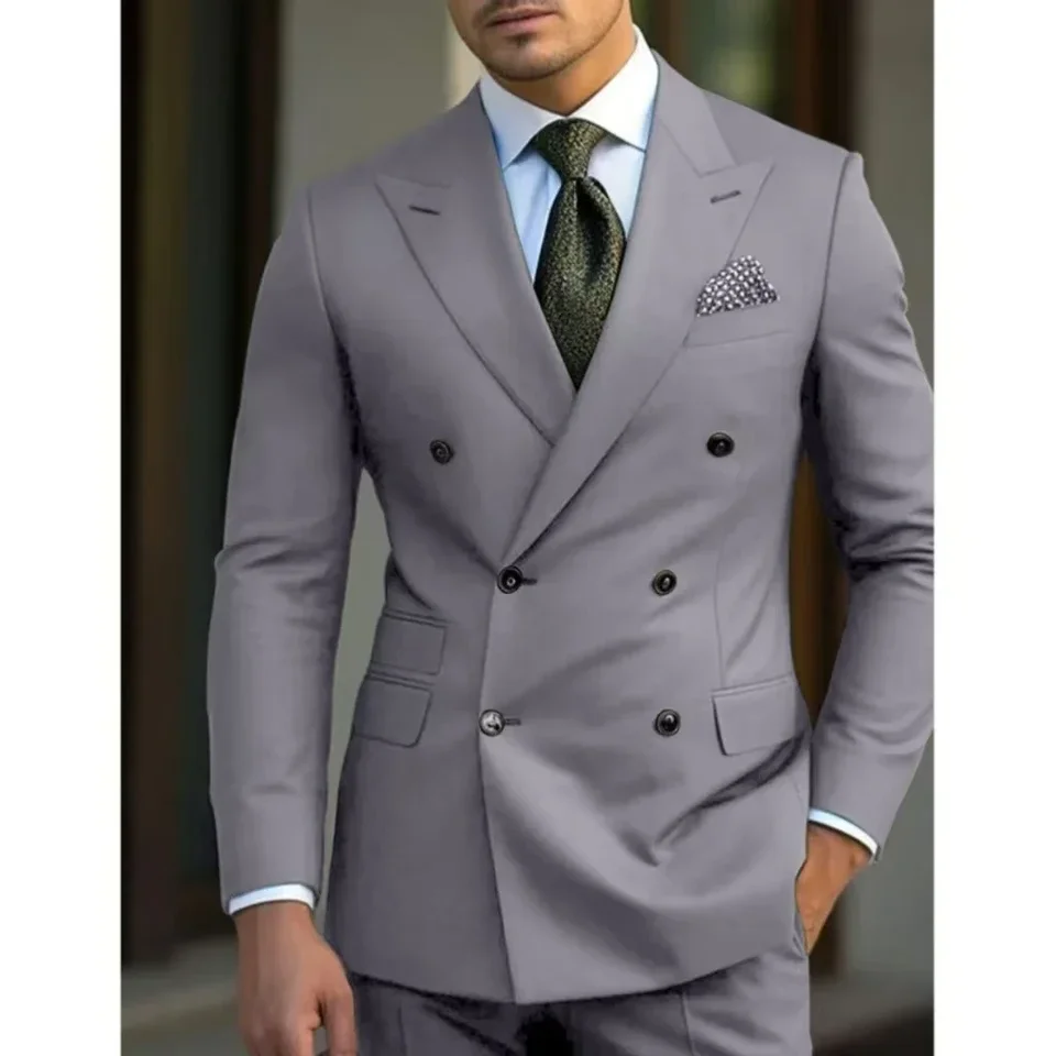 man 2 piece outfit set Pointed collar high-quality slim jackets men's suit with peak lapel for wedding Summer beach - Image 2