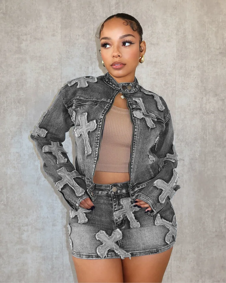 Streetwear Denim Skirt Outfit Set Sexy Women Elegant Two Pieces Jeans Club Matching Set Top+Mini Skirt - Image 3