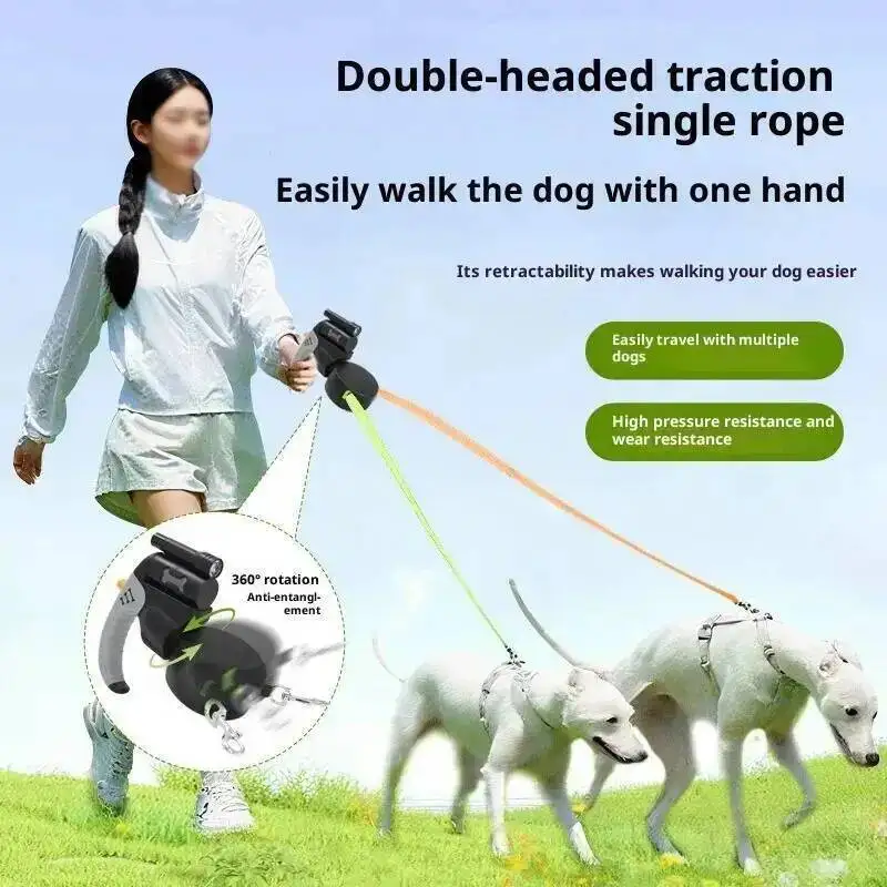 Auto Retractable Double-Headed Dog Leash 3M Rope for 2 Dogs with LED Flashlight 360 Degree Dual Traction Rope Pet Supplies - Image 4