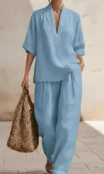 2026 Spring and Summer New European and American Style Ladies' Solid Color Comfortable Minimalist Linen Two-Piece Set
