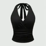 Solid V-neck Backless Halter Crop Top for Women Summer Sexy Y2K Sleeveless Ruched Top Streetwear
