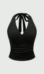 Solid V-neck Backless Halter Crop Top for Women Summer Sexy Y2K Sleeveless Ruched Top Streetwear
