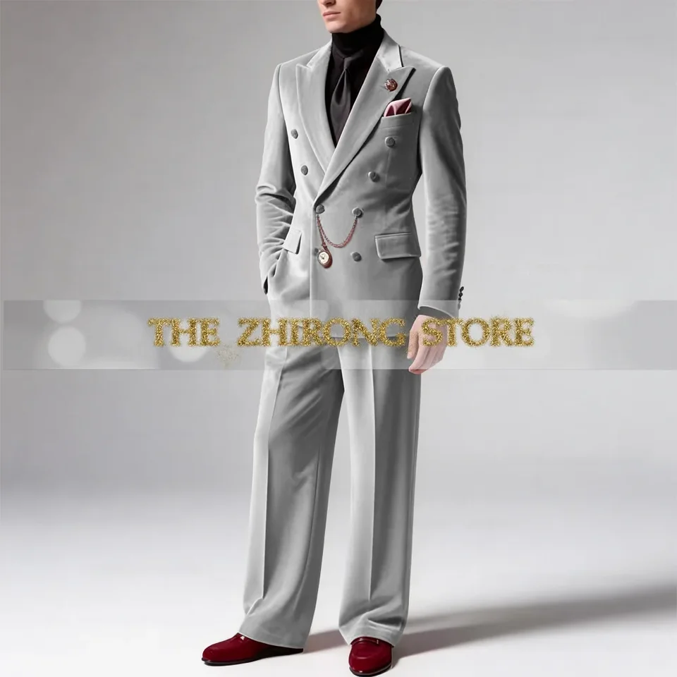 Elegant Pink Velvet Men's Suit Double Breasted Peaked Lapel 2pcs Jacket Pants Luxury Set for Wedding Prom After-party Customized - Image 3