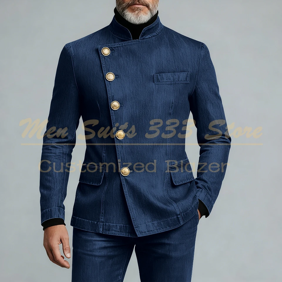 Luxury Demin Men's Suits Fashion Single Breasted Stand Lapel Slim Fit 2 Piece Jacket Pants Sets High Quality Male Clothing - Image 3