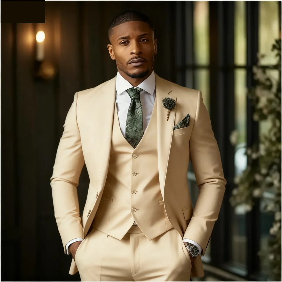 Green Emerald 3-Piece Men's Formal Tuxedo Elegant Jacket with Notched Lapel + Vest + Pants Wedding Groomsmen Smoking Suit - Image 2
