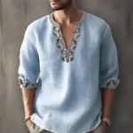 2026 Summer New Men's Fashion Printed Shirt, Henley Collar, Long Sleeve, Ethnic Style, Loose Fit, Breathable, Casual Men's Top