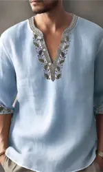 2026 Summer New Men's Fashion Printed Shirt, Henley Collar, Long Sleeve, Ethnic Style, Loose Fit, Breathable, Casual Men's Top