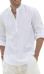 Men's Cotton Linen Long Sleeve Polo Shirt Lightweight Henley Neck Hawaiian Beach Style Solid Color Tops Vacation T-shirt