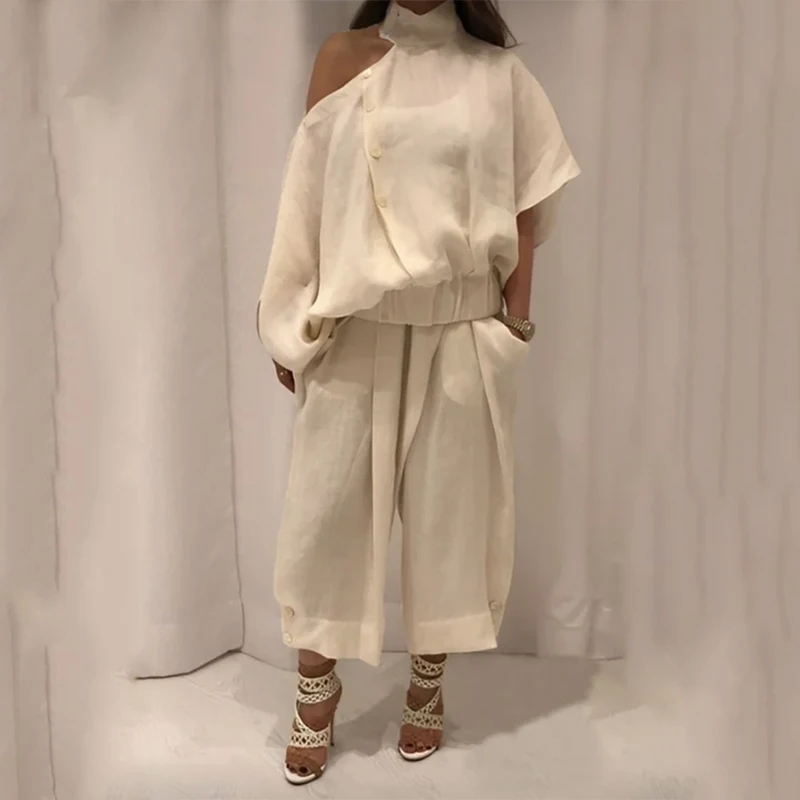 Fashion Women's Pants&Tops Wide Leg Buttoned Casual Bottoms Trousers Hollow Solid Color Irregularity Loose Cold shoulder Blouse - Image 6