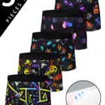 5-pcs Men's trendy graffiti, pixel, cyberpunk print boxer underwear, comfortable and casual and fashionable boxer