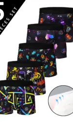 5-pcs Men's trendy graffiti, pixel, cyberpunk print boxer underwear, comfortable and casual and fashionable boxer