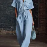 New Summer Lace-Up Wide Leg Pants Jumpsuit Women's Short Sleeve Zipper Patchwork Playsuit Holiday Fashion Streetwear Ladies 2026