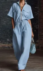 New Summer Lace-Up Wide Leg Pants Jumpsuit Women's Short Sleeve Zipper Patchwork Playsuit Holiday Fashion Streetwear Ladies 2026