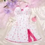 1 Set Of V-neck Women's Lingerie Sexy Suit Soft Bra Nightgown With Thong Intimates Underwear Heart Print Bras Briefs Night Dress