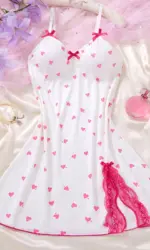 1 Set Of V-neck Women's Lingerie Sexy Suit Soft Bra Nightgown With Thong Intimates Underwear Heart Print Bras Briefs Night Dress