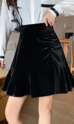 Harajuku Autumn Winter Golden Velvet Women's Solid Elastic High Waist Ruffles Pleated Fashion Slim A-line Fishtail Short Skirt