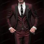 New Black Lapel Burgundy Formal Business Men Suit Groom Groomsman Wedding Party Prom Male Tuxedos 3 Piece Set Blazer Vest Pants