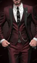 New Black Lapel Burgundy Formal Business Men Suit Groom Groomsman Wedding Party Prom Male Tuxedos 3 Piece Set Blazer Vest Pants