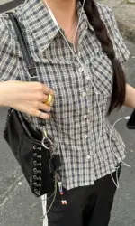 Puloru Classic Plaid Shirts Summer Womens Short Sleeve Collared Button Closure Summer Tops Streetwear Casual Retro T-Shirts