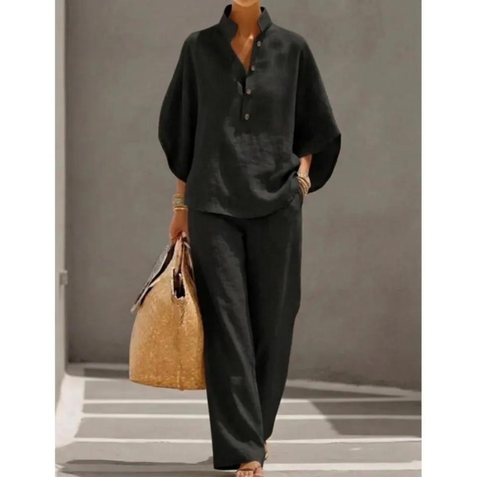 Fashion Cotton Linen Button Stand Collar 9 Quarter Sleeves Loose Women's 2-piece Suit Spring Casual Wide Leg Pants Suit Female - Image 4