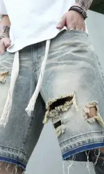 Men Summer Stretchy Denim Jeans Shorts For Men Cargo Casual Wide Leg Elastic Waist Ripped Cargo Baggy Shorts Y2k Streetwear Pant